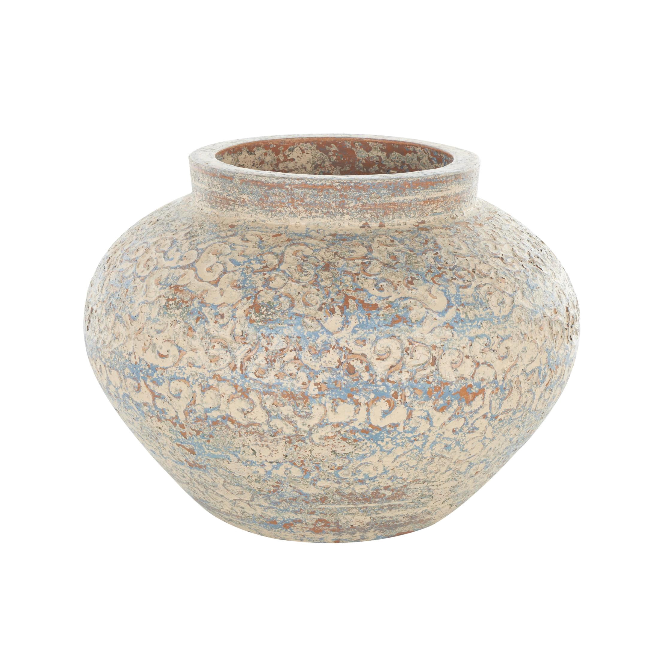 DecMode 10" Scroll Handmade Antique Style Wide Rounded Beige Ceramic Vase with Blue and Copper Accents