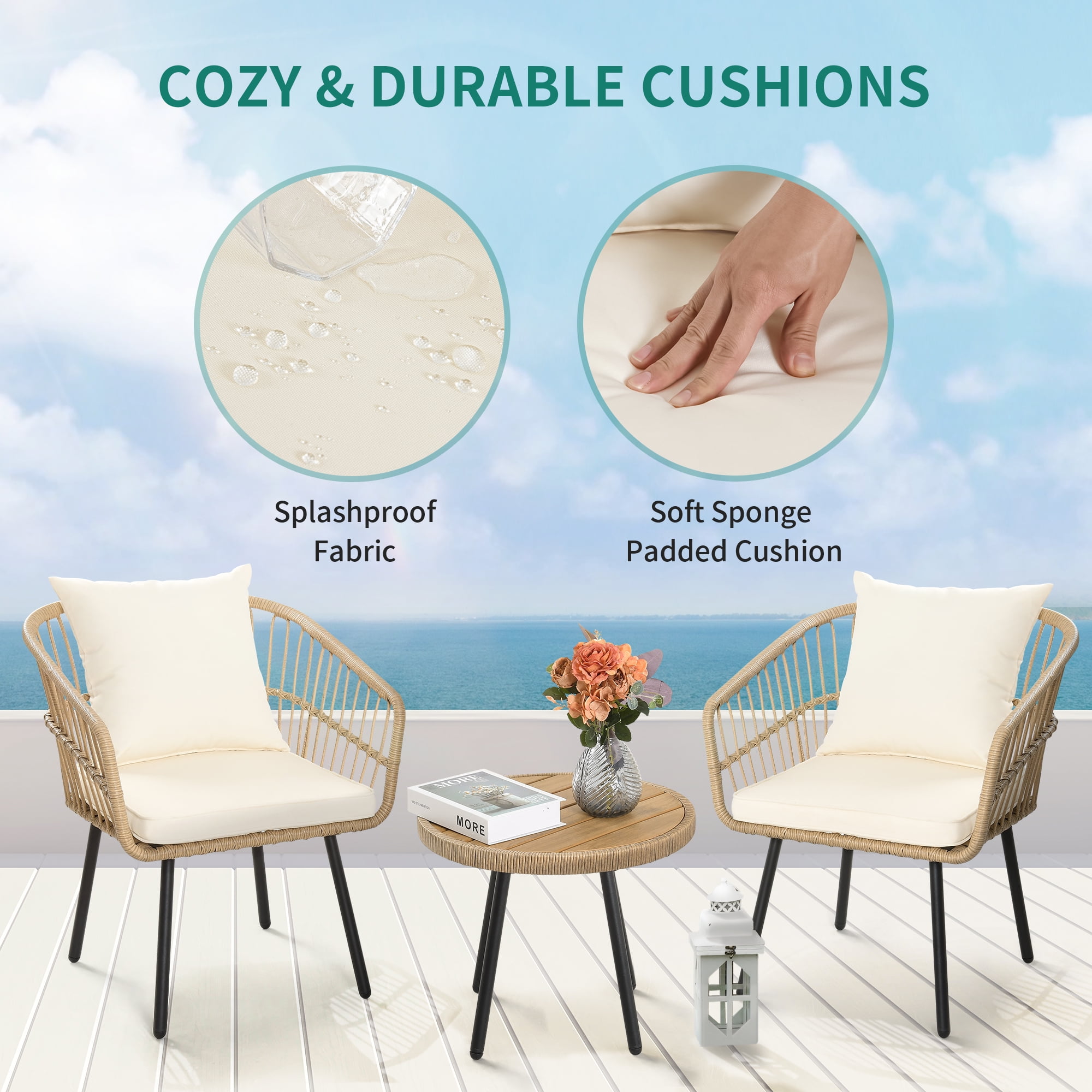 Dextrus 7 Pieces Rattan Wicker Patio Conversation Set, Rattan Wicker Sectional L-Shaped Sofa, 2 Wicker Chair and 2 Coffee Table - Beige