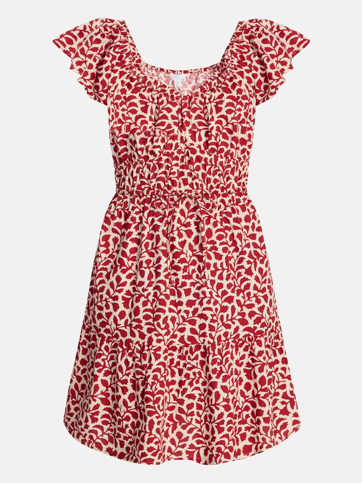 Time and Tru Women's Tie Waist Mini Dress with Flutter Sleeves, Sizes XS-XXXL