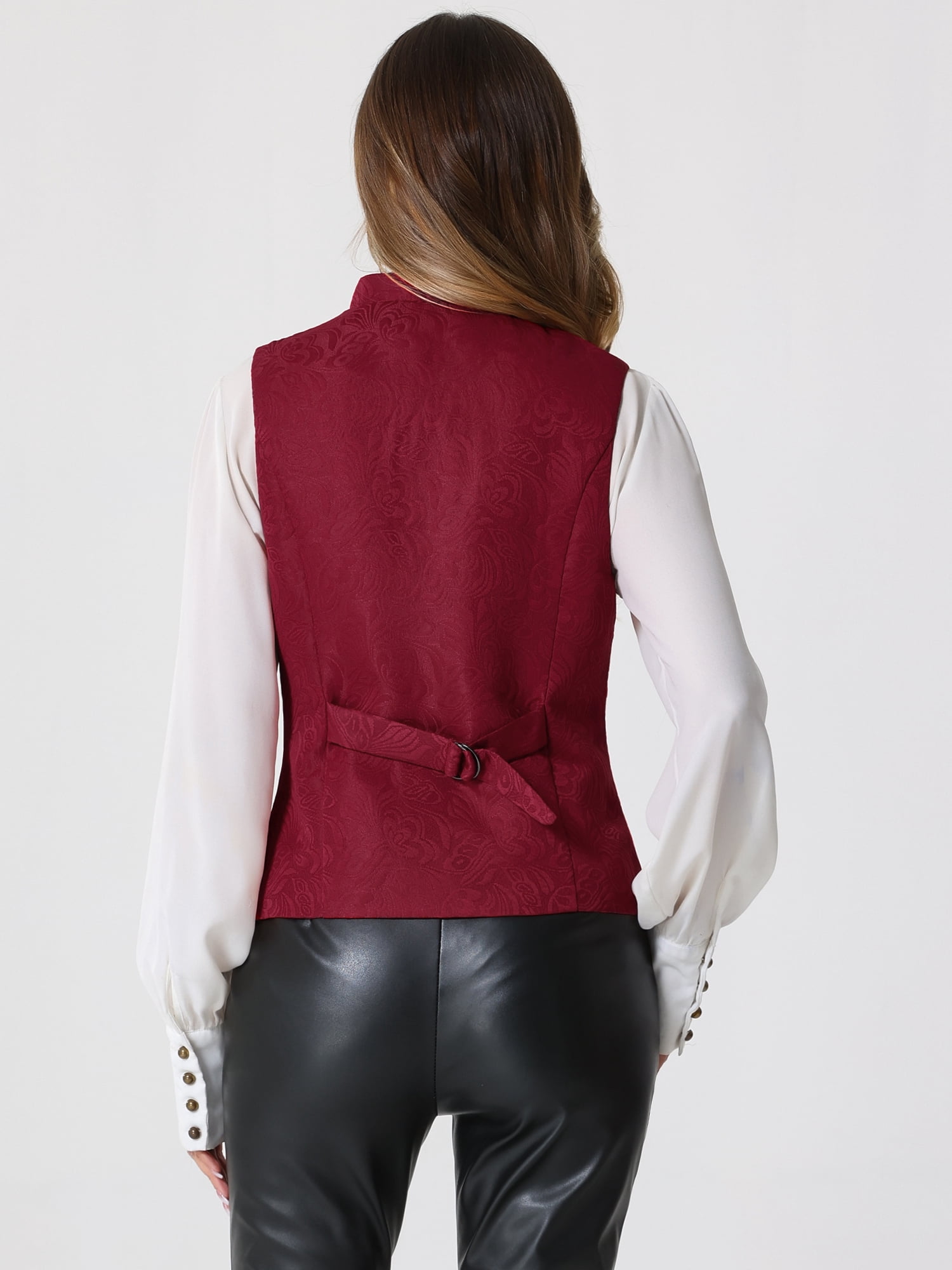 DARING DIVA Women's U Neck Jacquard Single Breasted Floral Gothic Waistcoat XS Burgundy