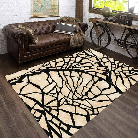 Teppich Homes Cozy Cream and Black Geometric Pattern Tufted Wool Area Rug 5x7 - Perfect for Living Room And Bedroom
