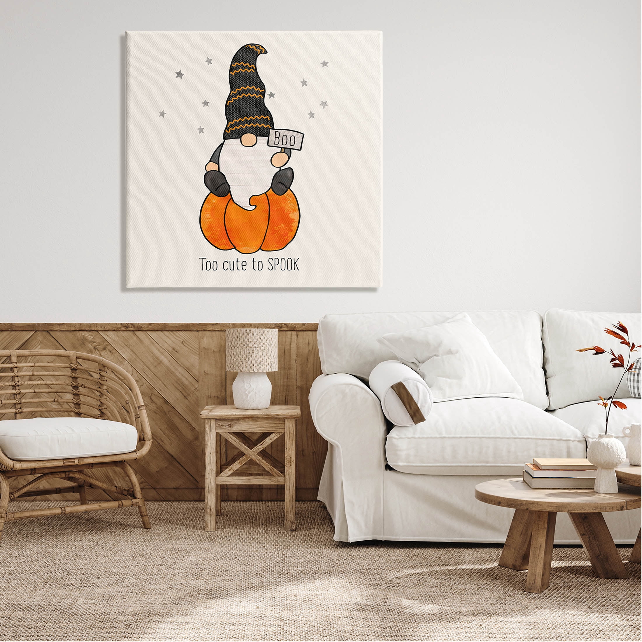 Too Cute To Spook Gnome Phrase Holiday Graphic Art Gallery Wrapped Canvas Print Wall Art