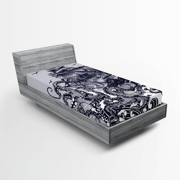Ambesonne Nautical Fitted Sheet, Octopus and Ship in Storm, Twin XL Size, Indigo Purpleblue
