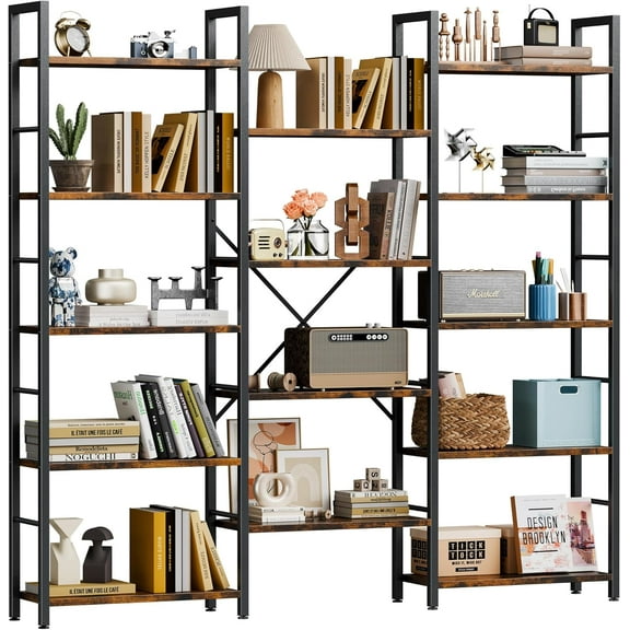 Triple 5 Tier Bookshelf, Industrial Large Bookcase with 14 Open Display Shelves, Large Etagere Bookshelf,Wide Book Shelf Book Case for Home & Office, Rustic Brown