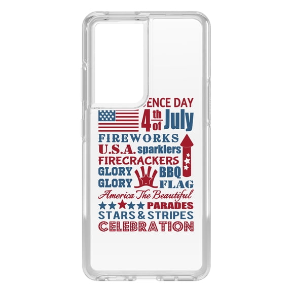 DistinctInk Clear Shockproof Hybrid Case for Galaxy S21 ULTRA 5G (6.8" Screen) - TPU Bumper Acrylic Back Tempered Glass Screen Protector - Independence Day Word Art
