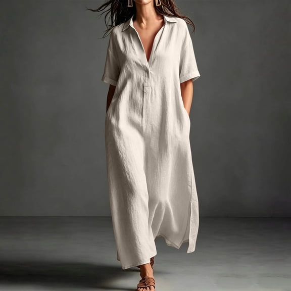 NTACZA Summer Dresses for Women 2026 Slit Cotton Lien Shirt Dress Casual Maxi Collared Vacation with Pockets Beach Beige L