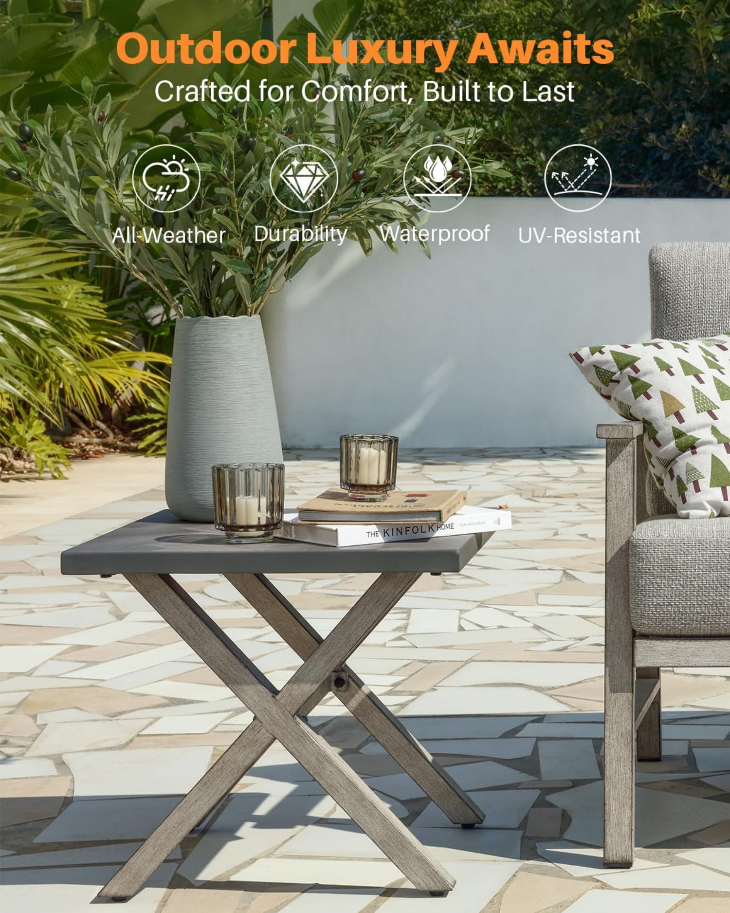 Aluminum Outdoor Side Table, Anti-Rust Square Patio End Table with Resin Top, Modern Weather-Resistant Outdoor Side Table for Yard, Garden, Poolside, Balcony, Porch, Dark Gray