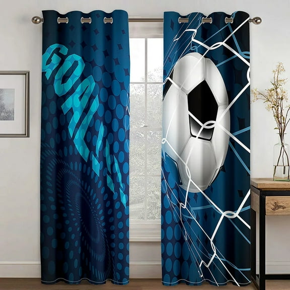 3D Custom Printed Modern Balls Football Soccer Player Children Shading Blackout Boy 2 Panel Curtain