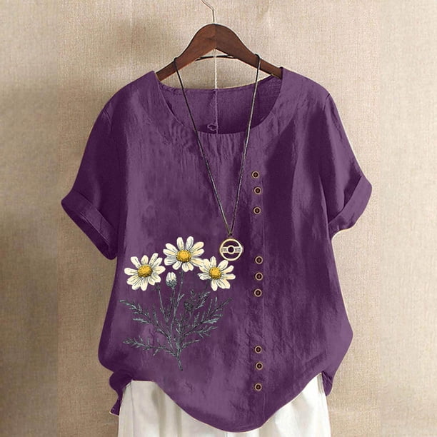 TaTaai Women's Everyday Casual Blouse, Linen Feel Round Neck T-Shirt, Short Sleeve Comfortable Top for All Occasions Gift