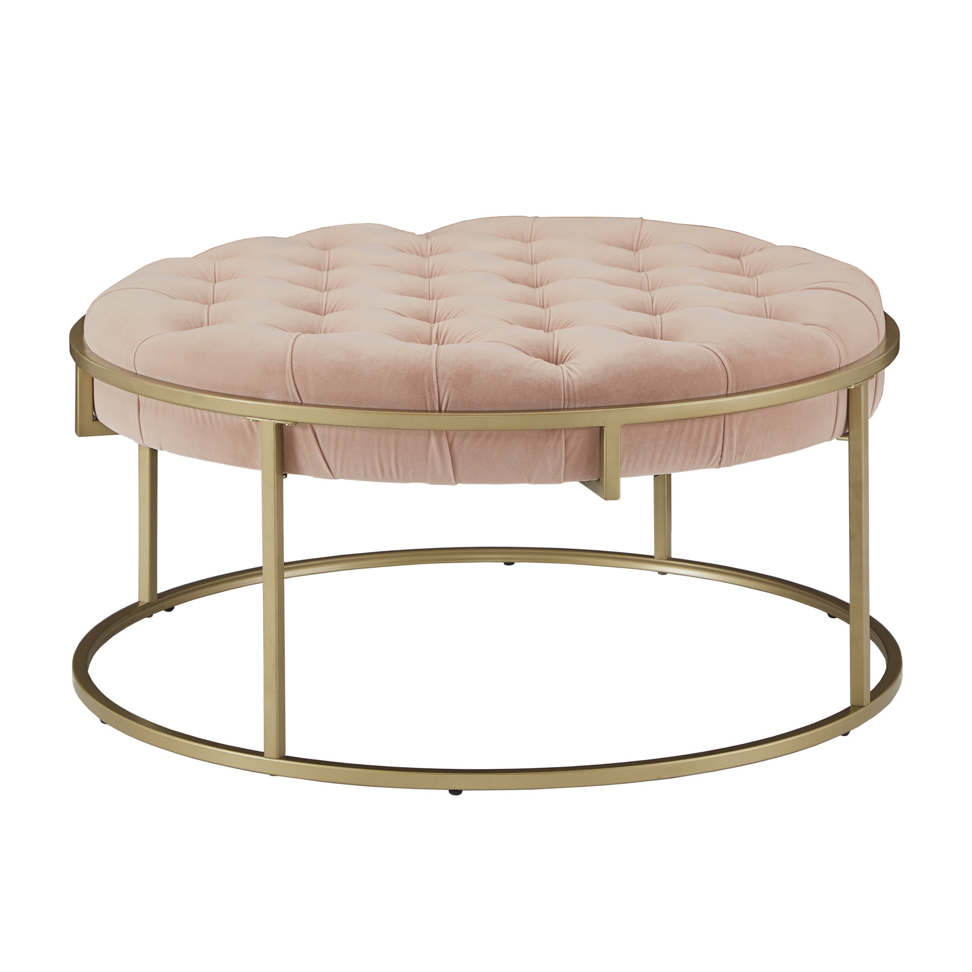 Weston Home Oddie Gold Finish Velvet Button Tufted Round Ottoman, Blush Pink