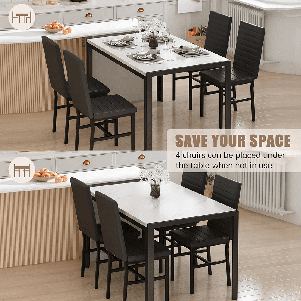 LinkRomat Dining Table Set for 4, Faux Marble Kitchen Table & 4 Black Upholstered Chairs, Modern Dinner Table Set for Dining Room, Small Spaces