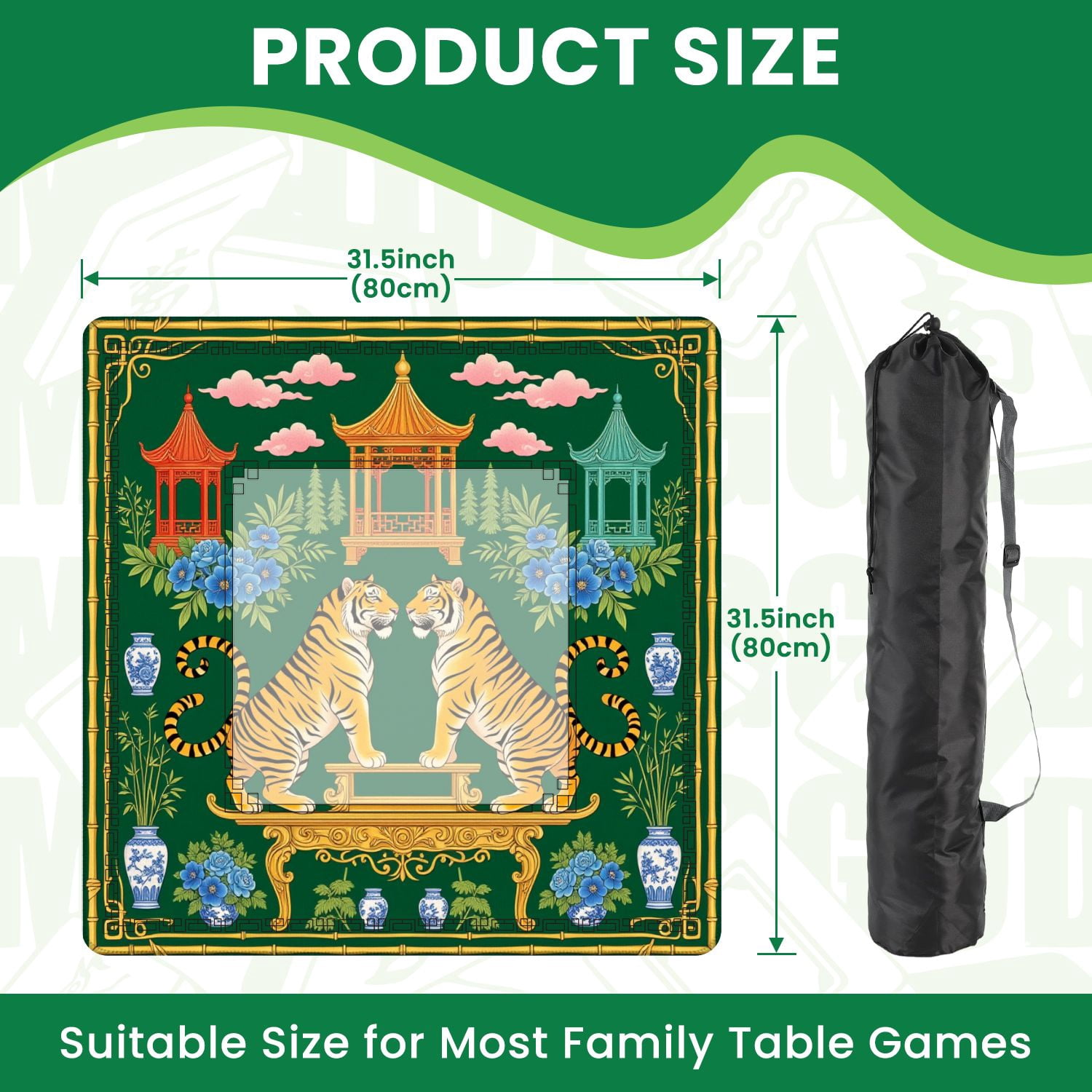 Mahjong Mat 31.5" x 31.5" Chinese Tigers Oriental Pagodas Floral Design Green Non-Slip Noise Reduction American Mahjong Tiles Table Cover for Dominoes Poker Card Board Games Gift