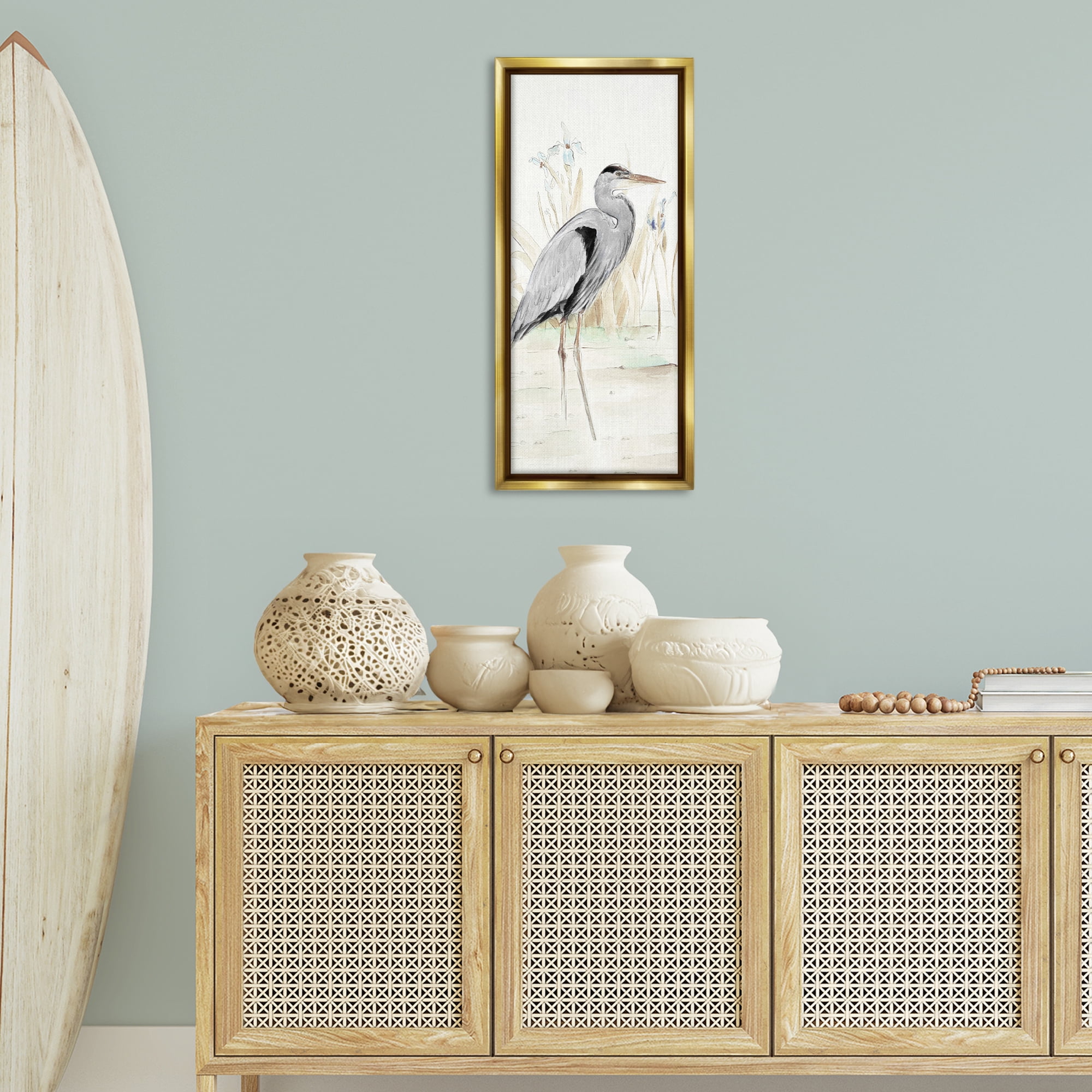 Stupell Industries Heron in Lake Drawing Animals & Insects Drawing Gold Floater Framed Canvas Art Print Wall Art, 15 x 31