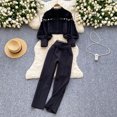 thumbnail image 3 of Conjunto de pantalones de dos piezas para mujer, Blusa de manga acampanada de retazos de encaje hueco a la moda, pantalones adelgazantes informales de cintura alta, otoño, 3 of 5
