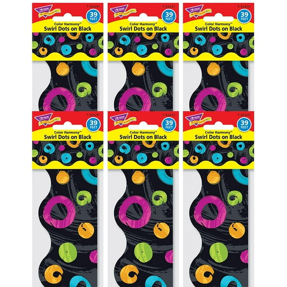 TREND Color Harmony Swirl Dots on Black Terrific Trimmers, 39 Feet Per Pack, 6 Packs