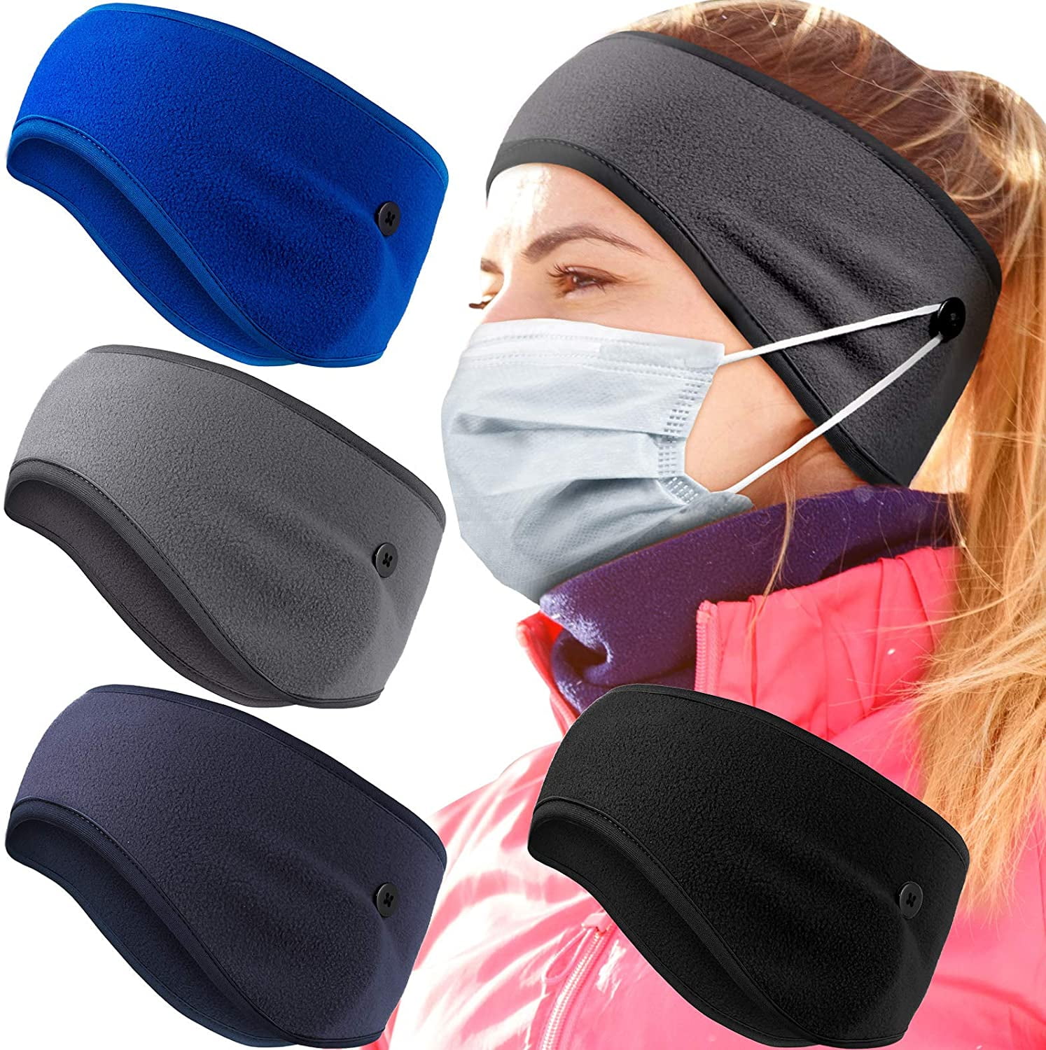 4 Pieces Fleece Ear Warmers Headband Ear Covers Sweatband Sport Headband Earmuffs Winter Headband Ear Muffs with Button for Men and Women Yoga Cycling Skiing Running Sport Outdoor