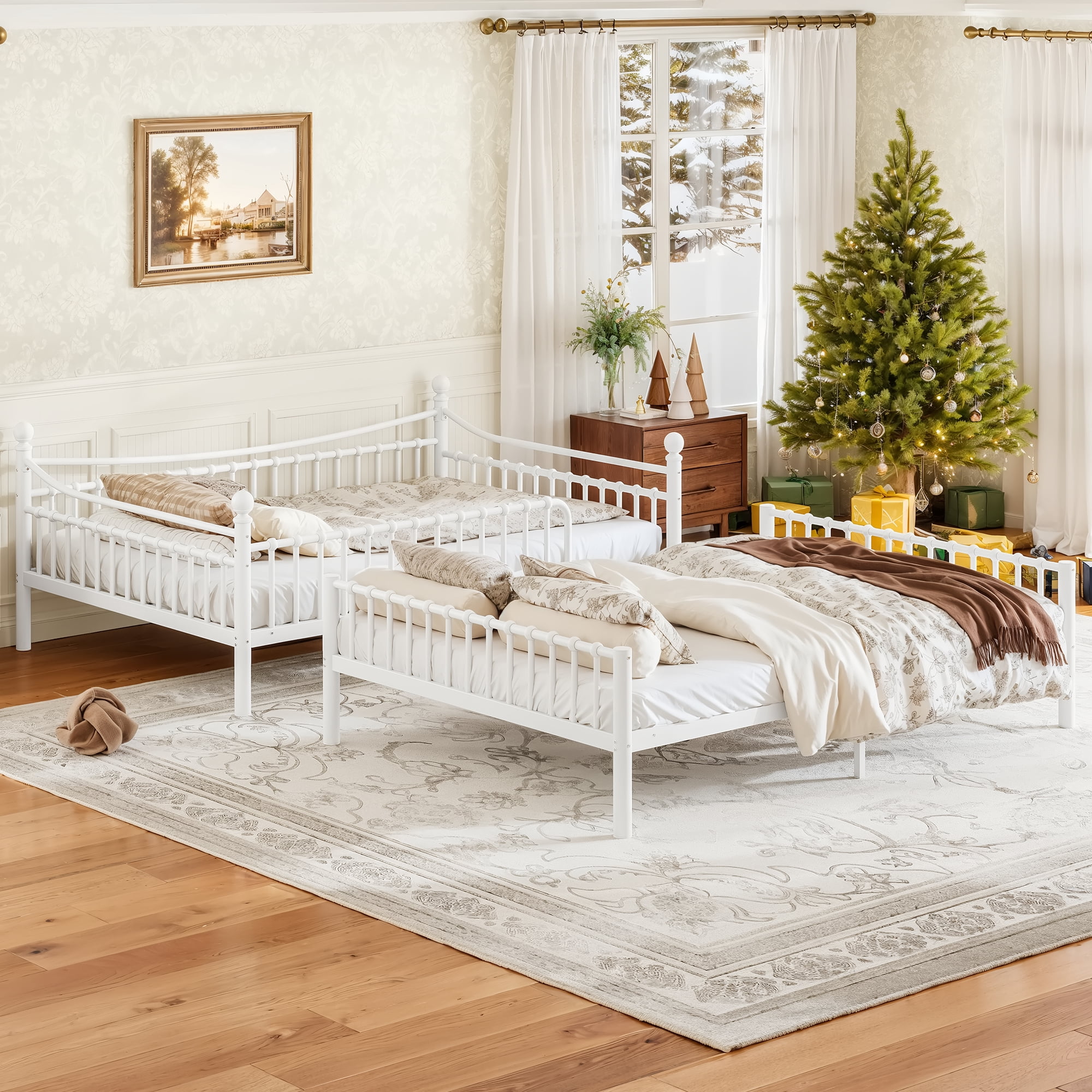 Leumius Full over Full Metal Bunk Bed with Unique Curved Guardrail Design, Round Tube Bunk Bed Frame, Metal Bunk Bed Frame for Kids Teens Adults White