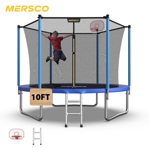 Mersco 10ft Trampoline for Kids,Outdoor Trampoline with Enclosure,Basketball Hoop and Ladder,Upright-Poled Backyard Trampoline PLAY for Family Fun,Jumping Trampoline fo Birthday Gifts,Blue
