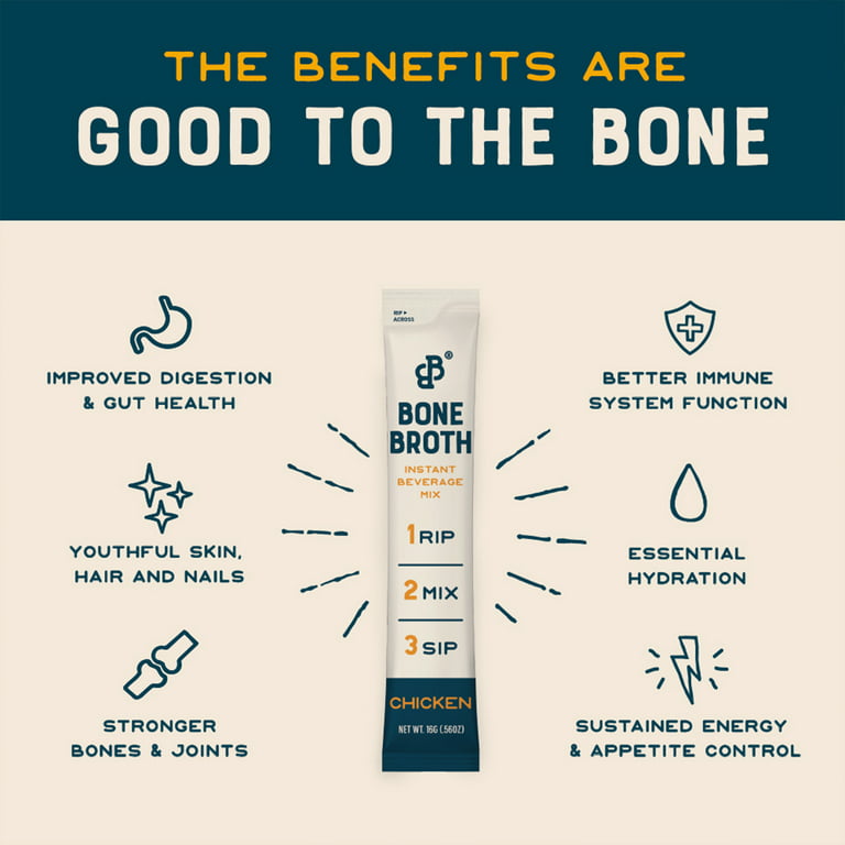 Bare Bones Bone Broth Instant Powdered Beverage Mix, Chicken, Pack of 8,  15g Sticks, 10g Protein, Keto & Paleo Friendly 