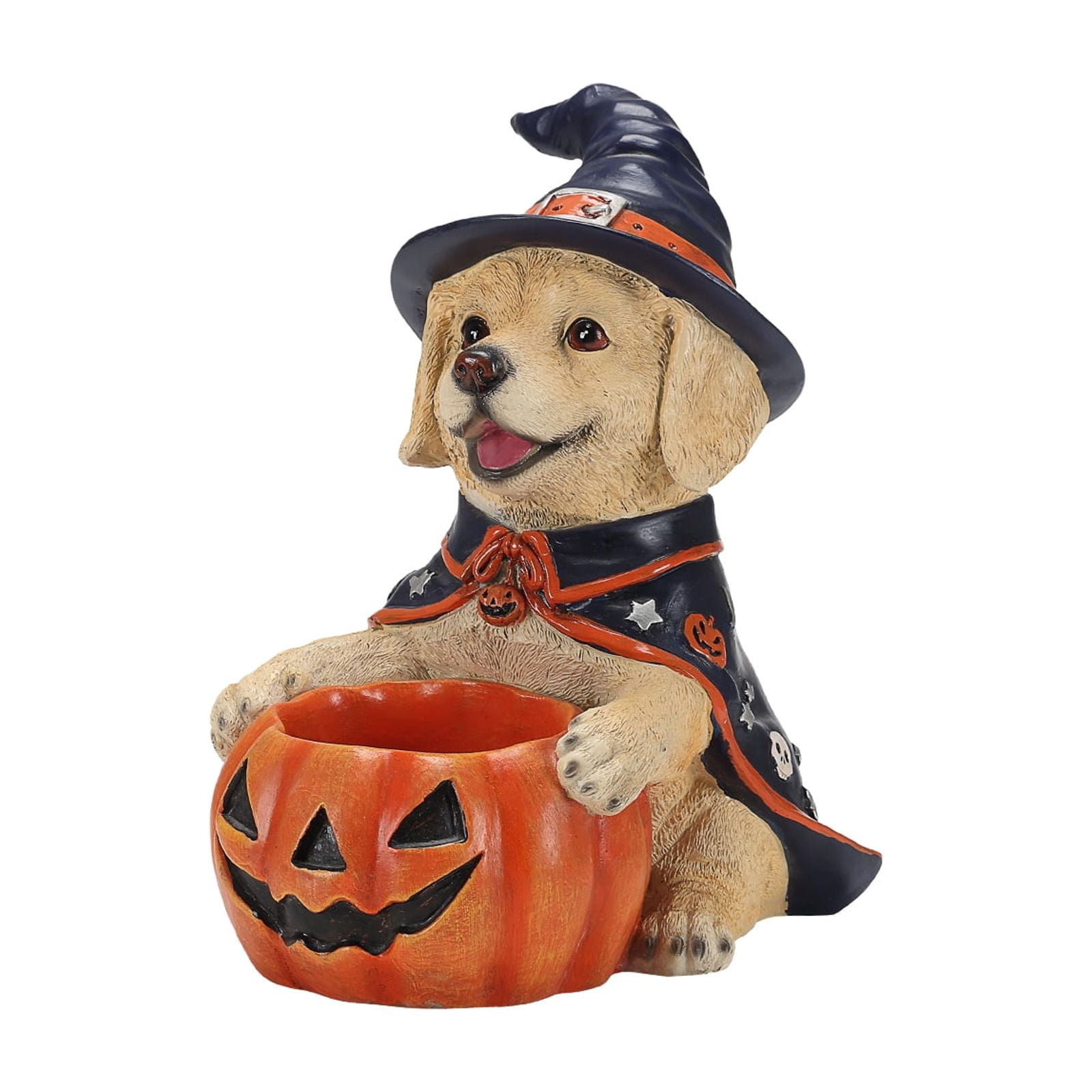 Labrador Puppy Witch Halloween Candy Bowl with Pumpkin Holder Resin Tabletop Decor