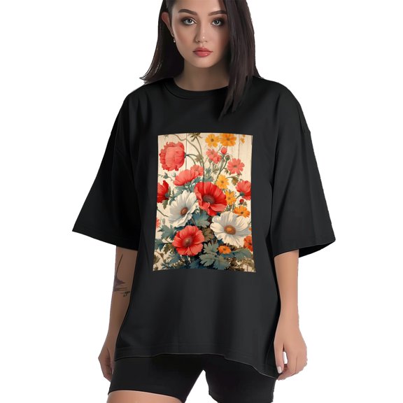 Plus Size Shirt for Women Black Tops for Women Short Sleeves Shirt for Women Flowers T Shirt Crewneck Shirt for Women XS