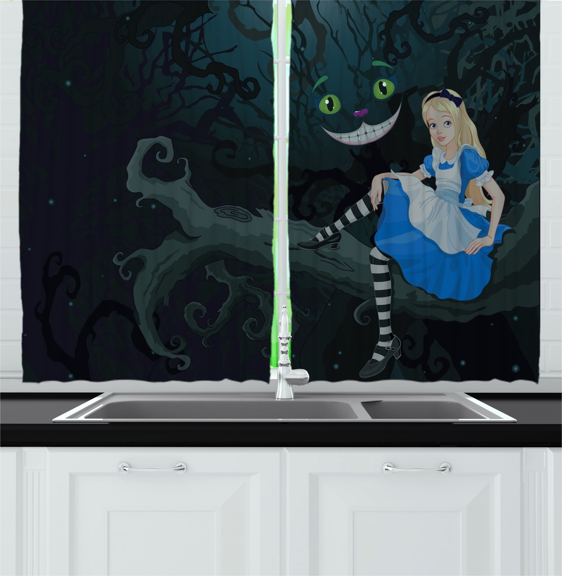 Alice in Wonderland Kitchen Curtains, Alice Sitting on Branch and