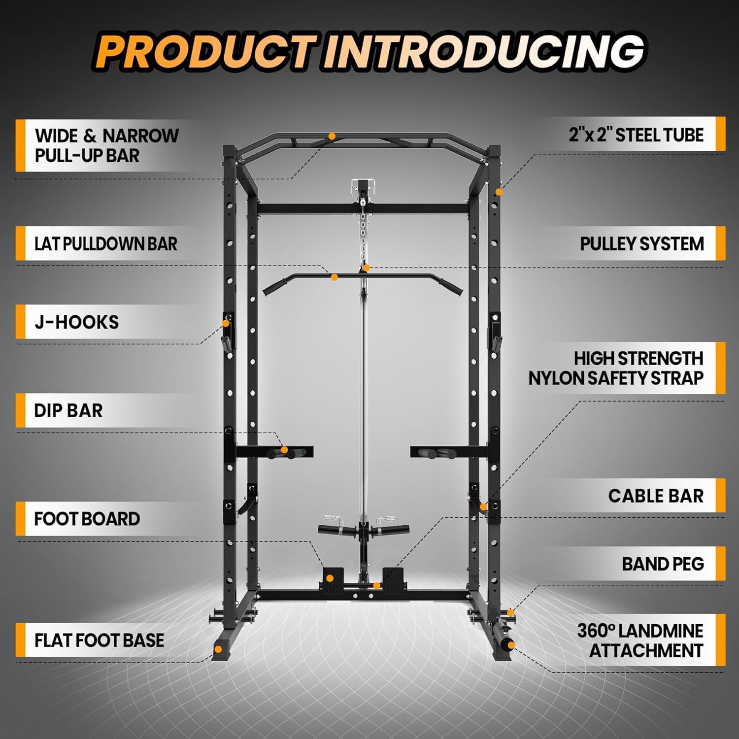 Hetoy 1600 Lbs Power Rack for Home Gym Squat Rack with Cable Pulley System & LAT Pull Down Workout Cage Strength Training Weight Cage with Dip Bar & J Hooks for Multiple Exercises,Black