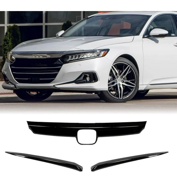 3PCS Gloss Black Front Grill Trim & Eyelid Covers Compatible with 2021-2022 Honda Accord, ABS Chrome Delete Garnish Kit