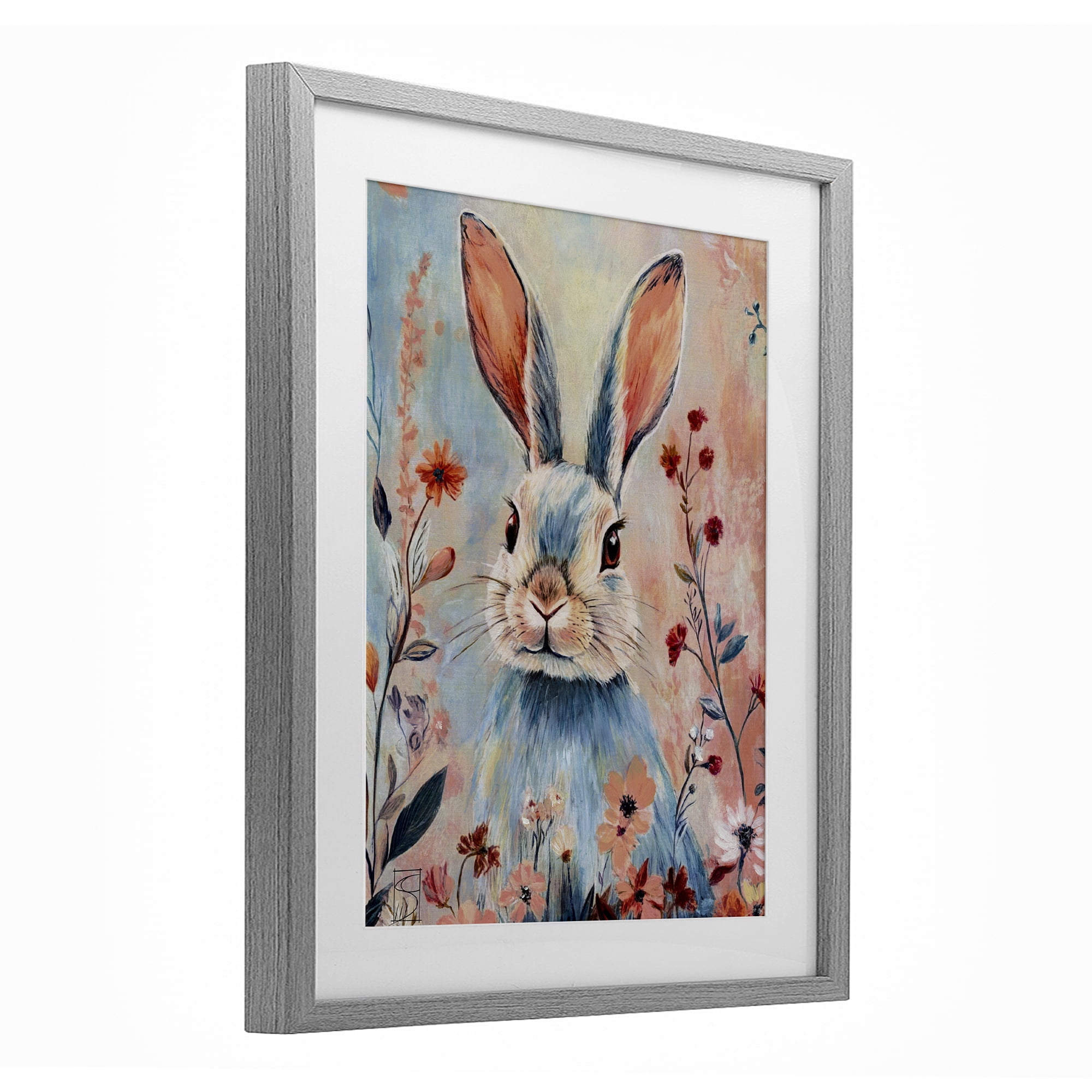 Stupell Industries Blue Rabbit & Wildflowers Gray Framed Print Under Glass, design by Sara Culpepper
