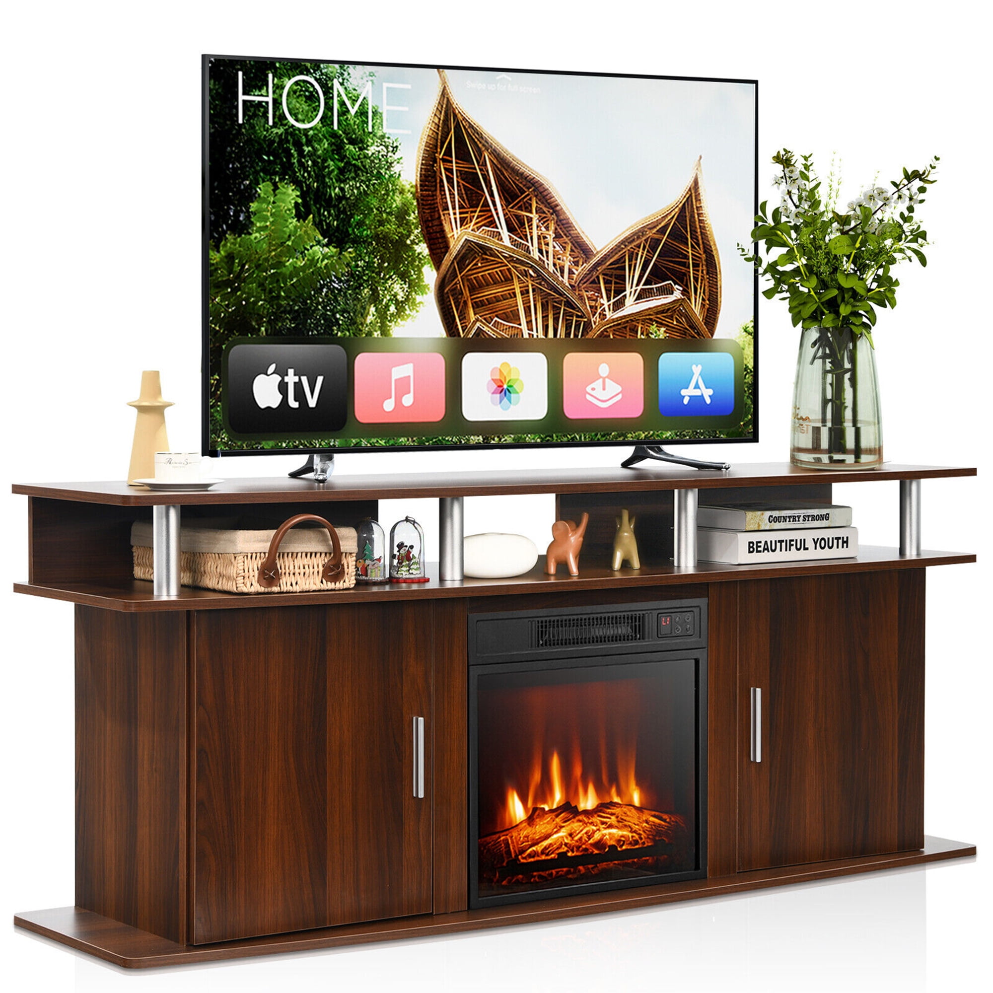 Gymax 63'' Fireplace TV Stand W/18'' 1400W Electric Fireplace up