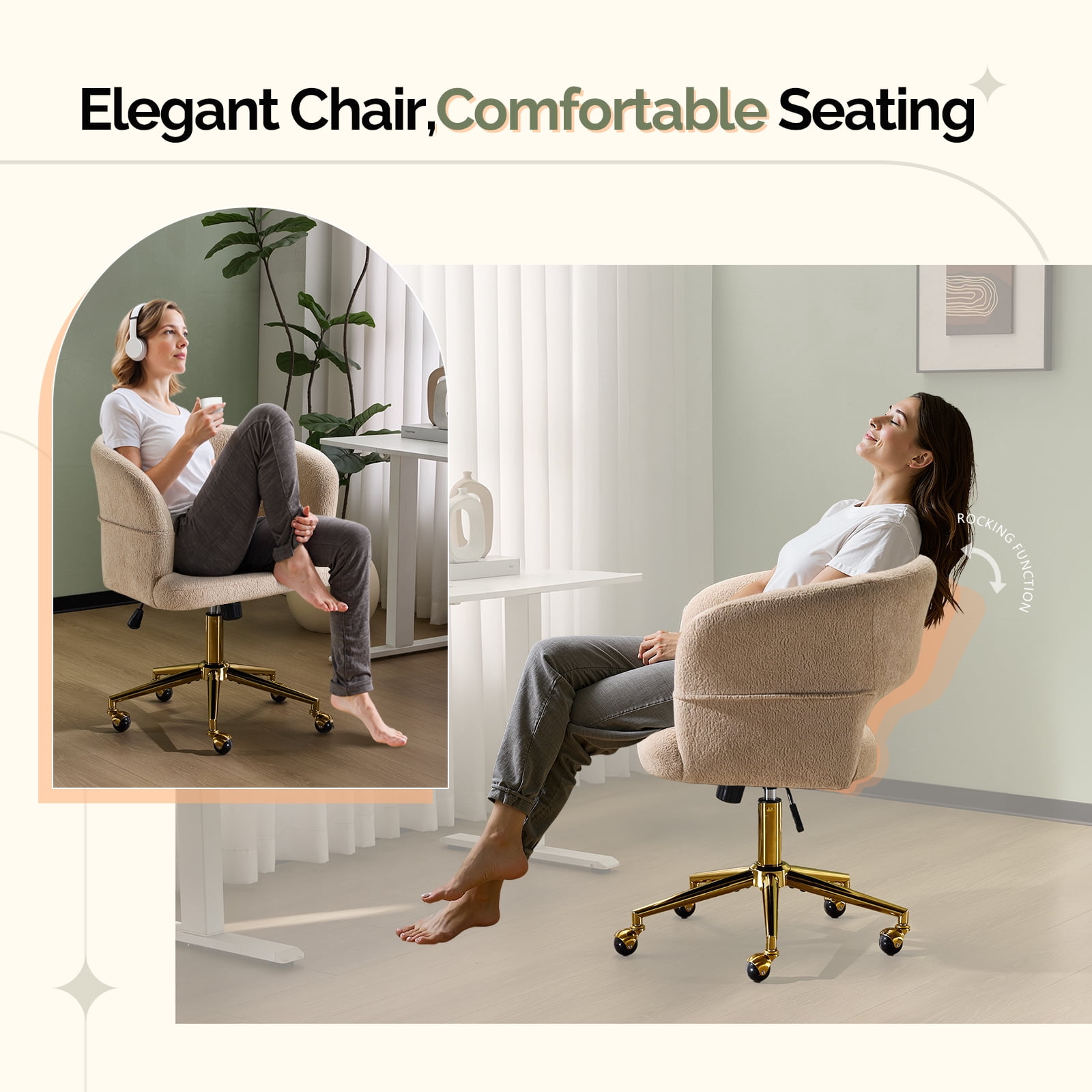 Ktaxon Flannel Accent Chair Multi-Use Makeup Desk Chair with 360 Swivel Adjustable Height for Bedroom Office Dorm Khaki