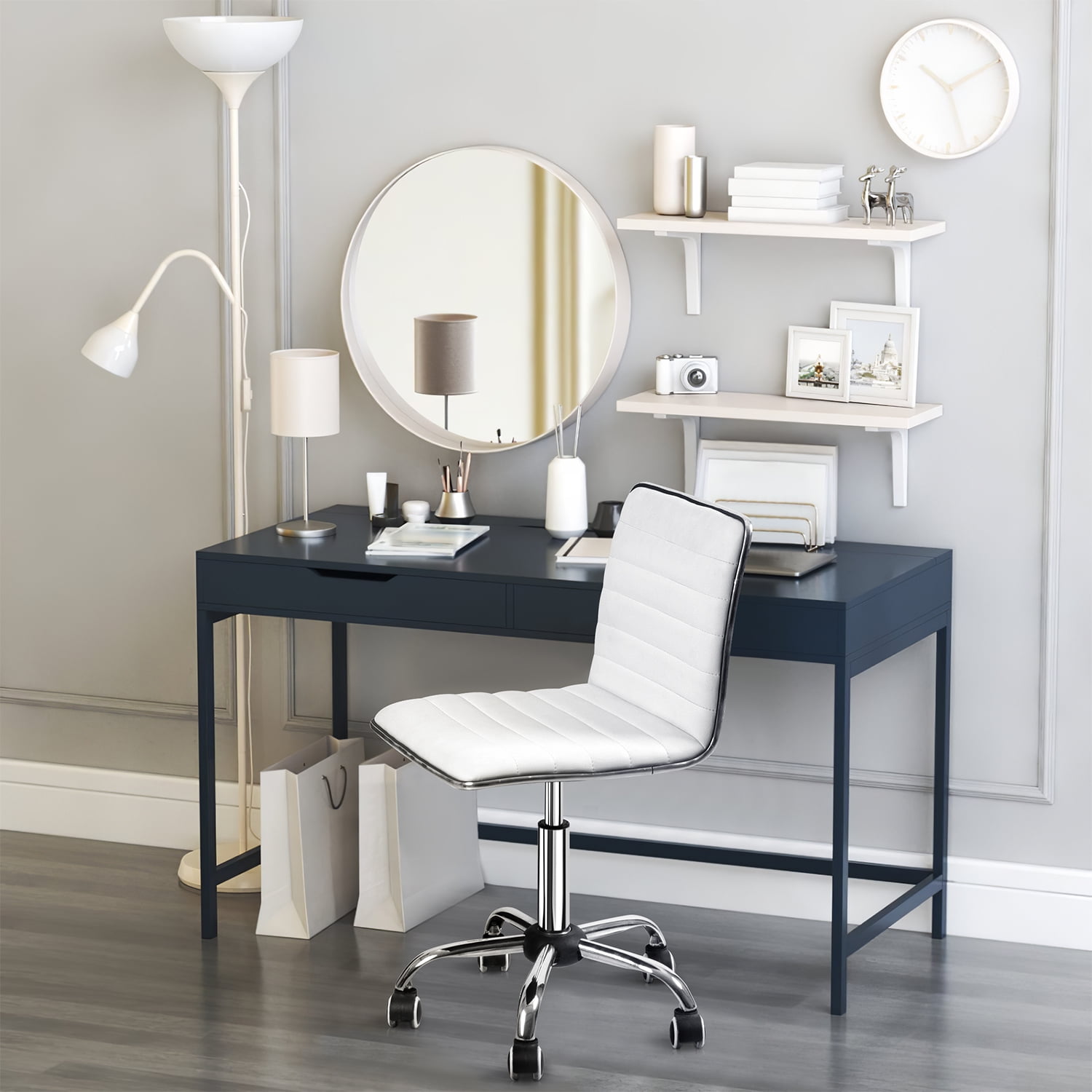 Furmax Leather Swivel Office Chair - Mid Back Vanity Chair for Makeup Desk, Armless Ribbed Task Chair with Ergonomic Support (White)