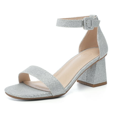 

kkdom Women Chunky Sandals Heels Classic Ankle Strap Heels Silver Size 6.5