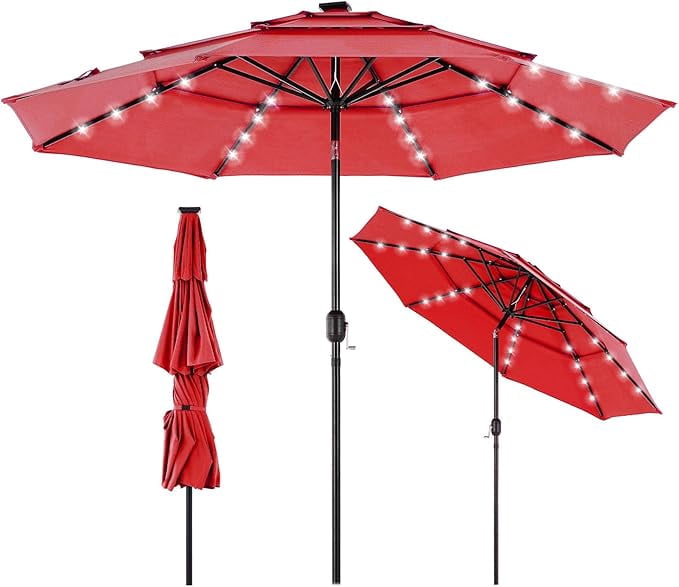 10FT 3-Tier Solar Patio Umbrella with 32 LED Lights, Outdoor Umbrellas with Push Button Tilt and Crank, Tilting Table Umbrella with 8 Sturdy Ribs for Market, Beach, Pool, Garden, UV Protection, Red