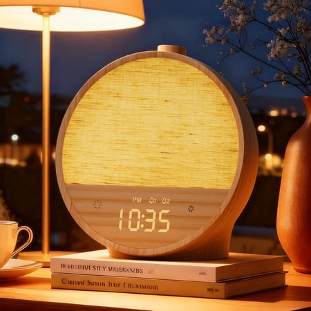Wood Grain Sunrise Alarm Clock, Gentle Wake-Up Light Sound Machine, Dual Alarms for Heavy Sleepers, Natural Sounds, RGB Mood Light, Dimmable Bedside Night Lamp, Ideal for Bedroom & Gifts