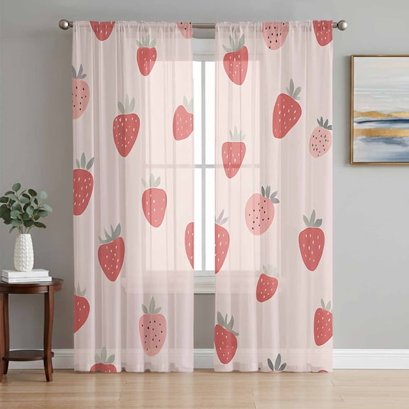 Strawberry Sheer Curtains 96 Inch Length 2 Panels Set, Pink Red Fruits Summer Food Voile Window Treatment Semi Sheer Long Curtains Drapes for Bedroom/Living Room/Kitchen 52"x96"x2