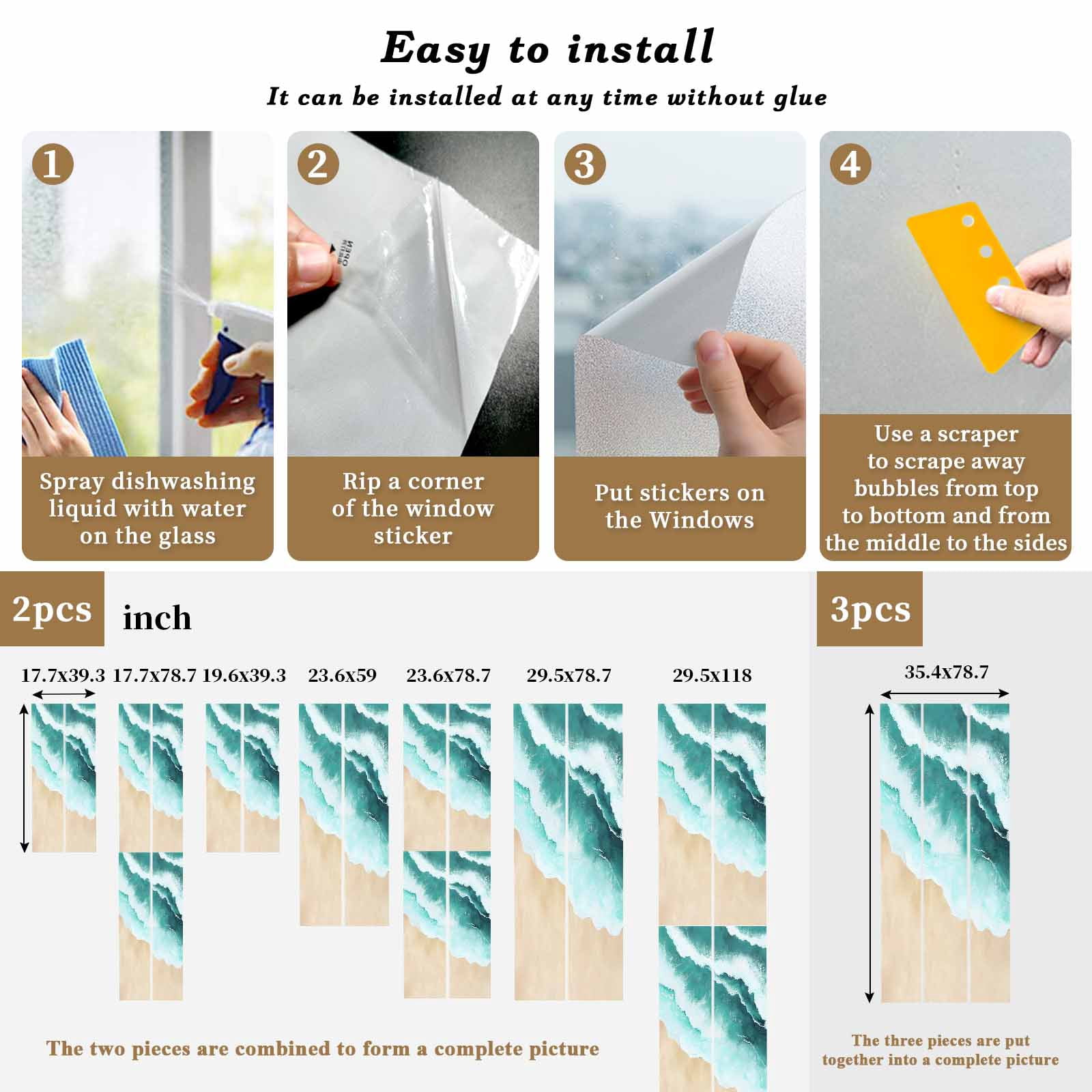 Abstract Watercolor Window Privacy Film, Gradient Green Waves Beach Seaside Frosted Glass Window Clings Static Cling UV Heat Blocking Reusable Door Sticker for Bathroom 23.6 x 59 Inch