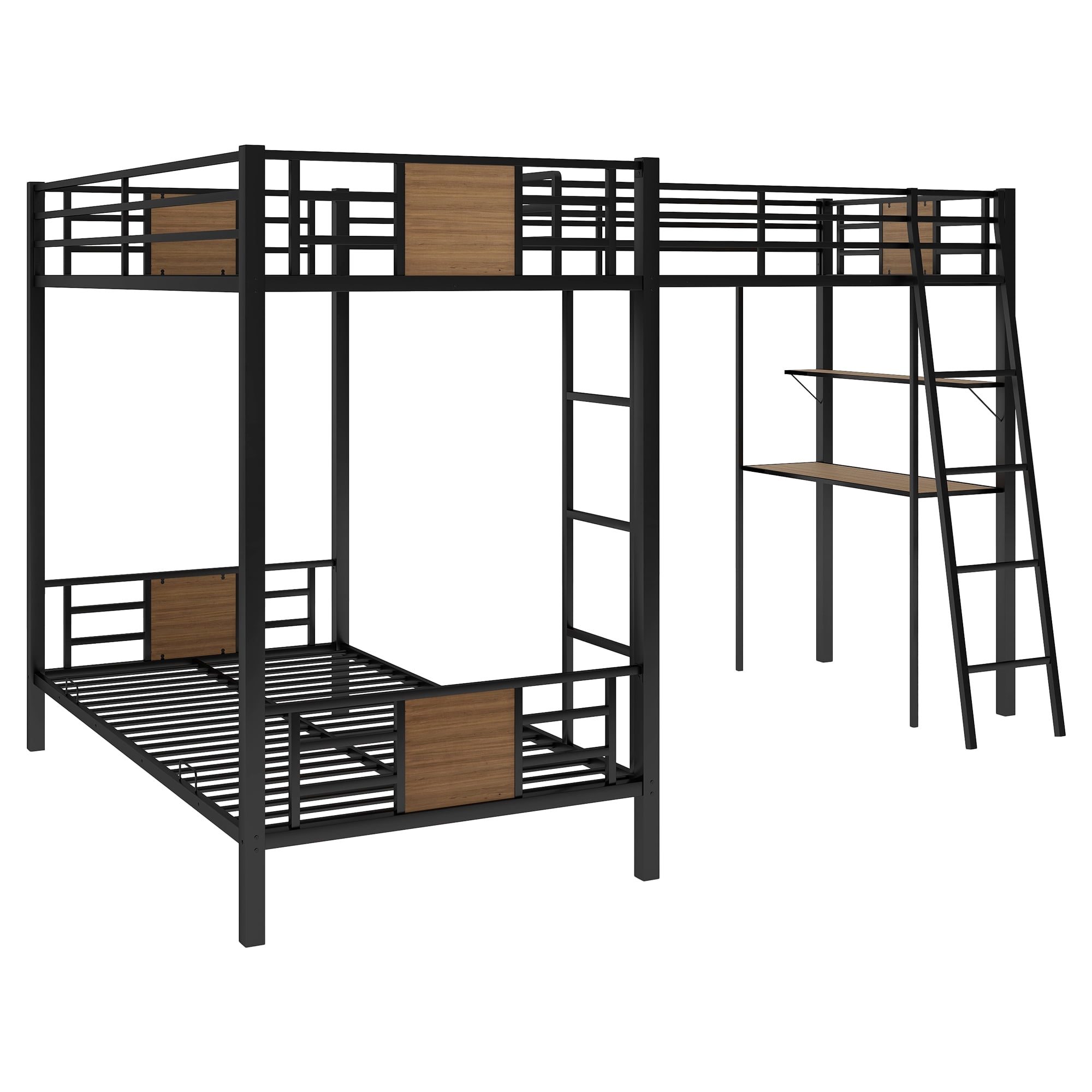 Aukfa Triple Bunk Bed with Desk and Shelf, L-Shaped Metal Bunk Bed with a Twin Loft Bed for 3 Kids, Twin Over Twin - Black