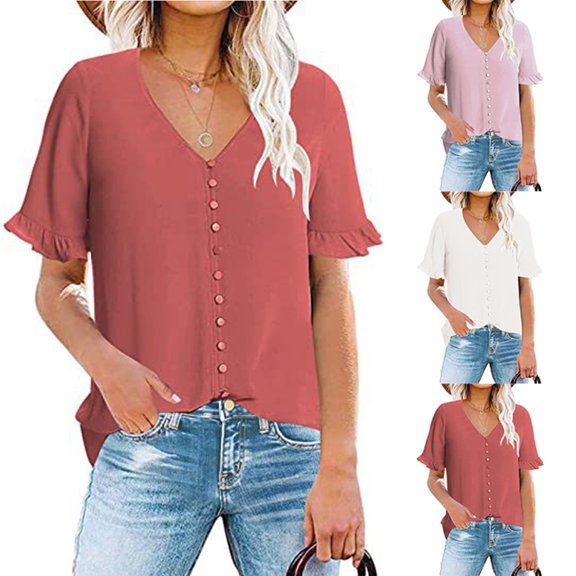 Inverlee Womens Button Up Shirts Summer Ruffle Short Sleeve Tops Dressy Casual Plus Size Solid Color T Shirts Lightweight Elegant Tunic Blouse