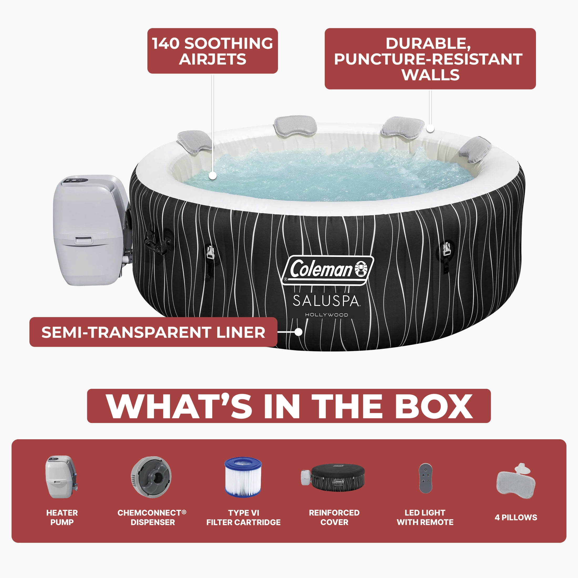 Coleman SaluSpa Hollywood Luxe AirJet Round Inflatable Hot Tub with LED Lights 4-6 Person with Pump #P08411