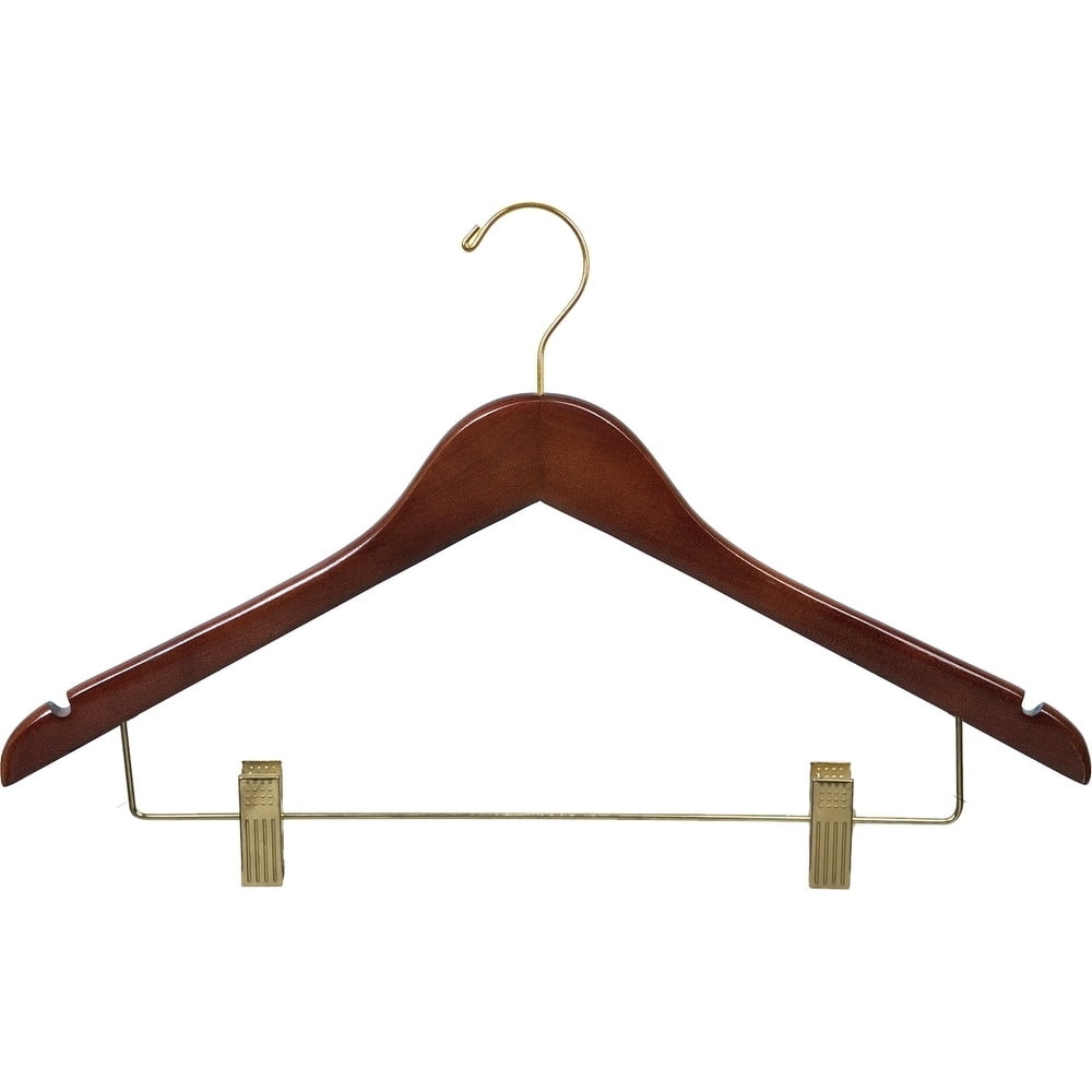 Wood Combo Hanger w/ Cushion Clips, Box of 25 Space Saving 17 Inch Flat Wooden Hangers w/ Walnut Finish & Brass Hardware & Notches for Shirt Jacket or Dress by International Hanger