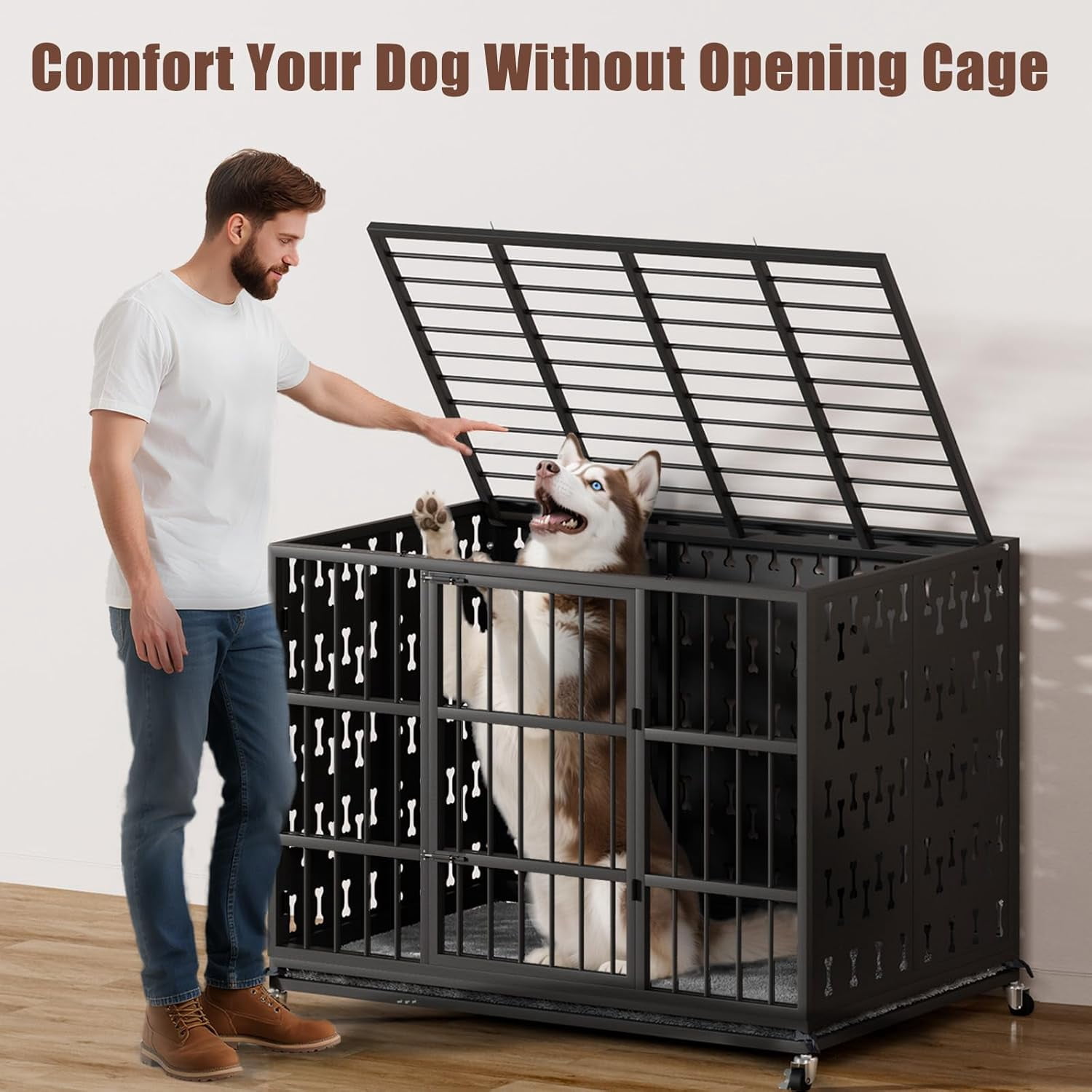 Waleaf 48 inch Heavy Duty Indestructible Dog Crate, Escape Proof Dog Cage with Enclosed Design, High Anxiety Dog Crate for Large Dogs, Lockable Wheels and Removable Trays, Large