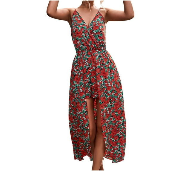 IROINNID Women's V-Neck A-Line Dress Fashion Casual Flowers Printed Sling Sleeveless Irregular Large Hem Culottes Knee-Length Dress
