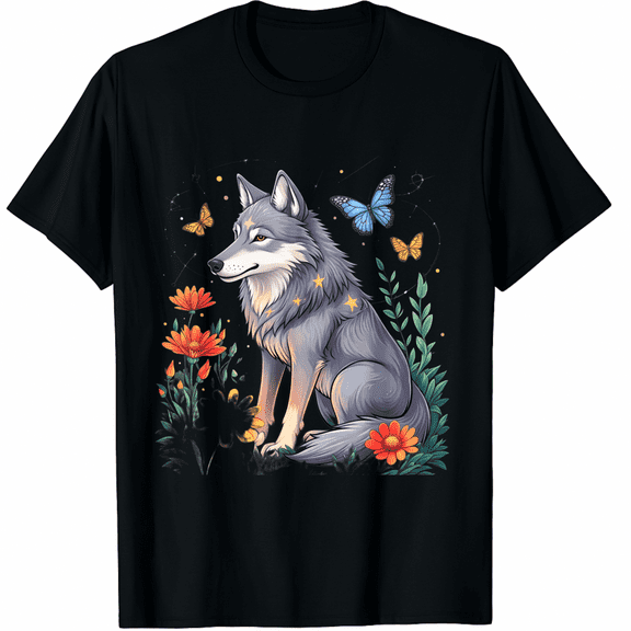 Cute Wolf With Flowers T-Shirt for Men Women