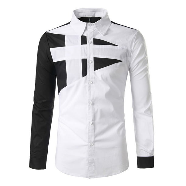 Camisa y blusa de manga larga con cuello vuelto para hombre, estilo casual, a la moda, con botones ajustados, bloques de color y costuras en contraste, camisa de manga larga con botones para hombre