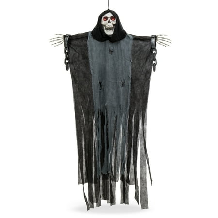 Glowing Skeleton - Best Choice Products 5ft Hanging Grim Reaper Skull Skeleton Halloween Decoration w/ Shackles, Chains, LED Glowing Eyes - Black
