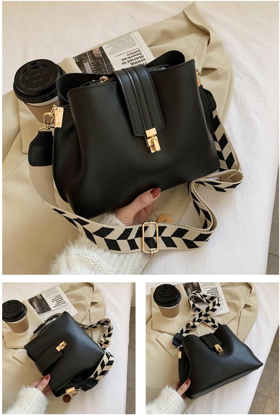 Leather Bucket Bags and Purses for Women Hobo Crossbody Bucket Handbag with Guitar Strap Casual Hobo Shoulder Bag