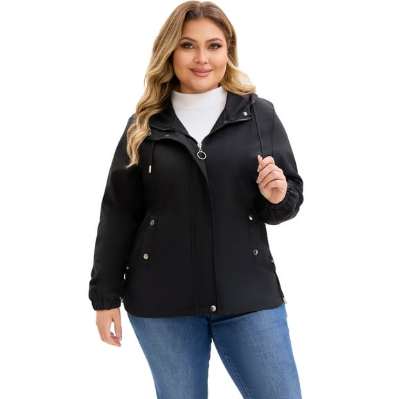 DARING DIVA Plus Size Trench Lightweight Anorak Zip Up Jacket 1X Black