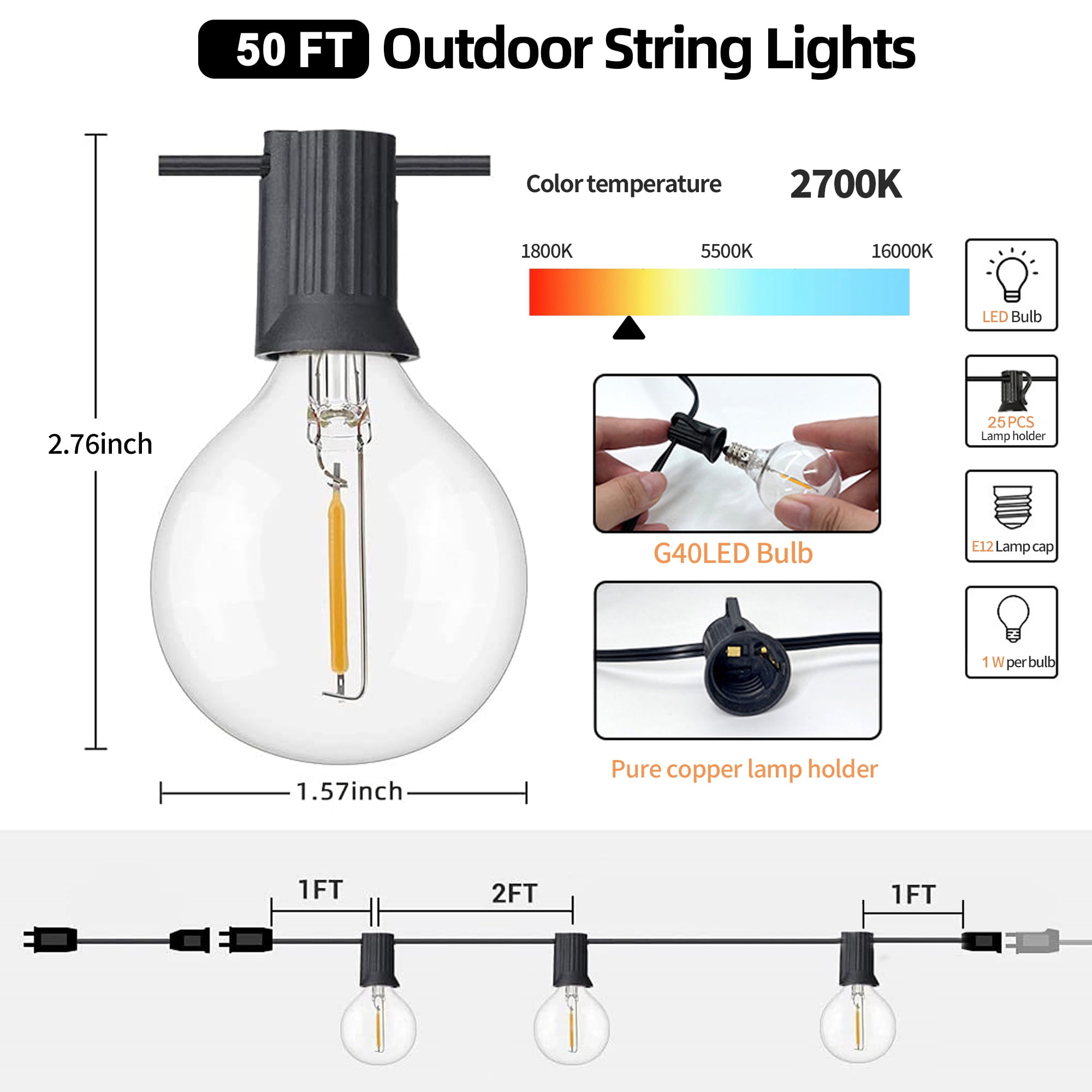DAYBETTER 50FT Outdoor String Lights, LED Patio Lights with 26 G40 Bulbs,Outside Hanging Lights for Backyard Porch Deck