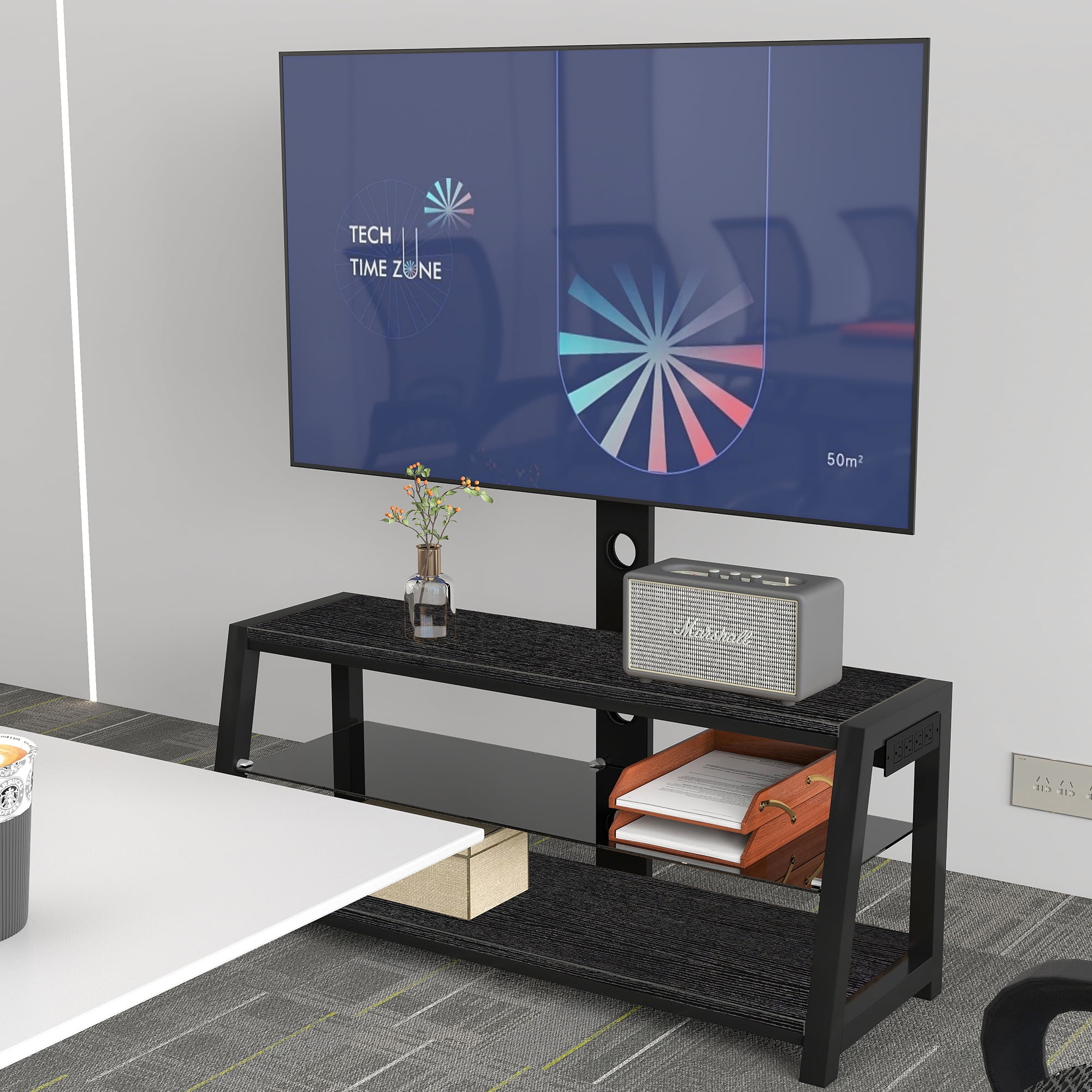 Yoneston TV Stand with Charging Station for TVs up to 65", Height Adjustable Universal Swivel Entertainment Center with Open Shelves Television Cabinet for Home, Black